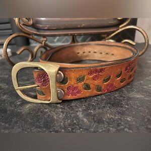 Vintage Hand-Painted Style Floral Tooled Leather Belt Brass Buckle